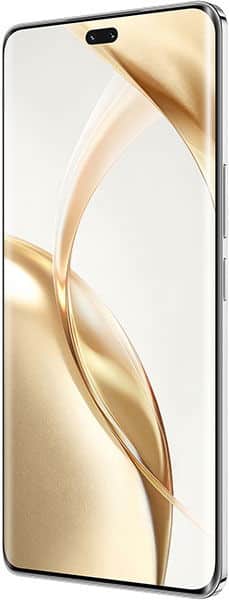 Honor 200 Pro front view with display on, showing abstract gold and cream curved design wallpaper