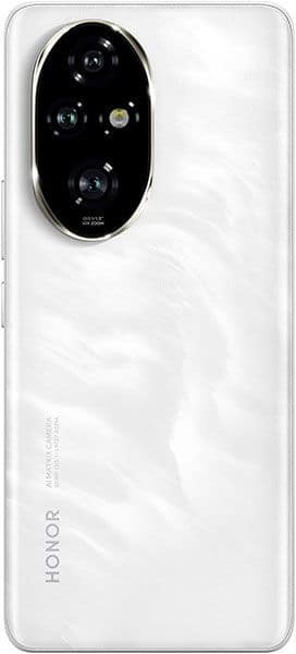 Honor 200 Pro rear view, white with oval black camera module containing multiple lenses and sensors