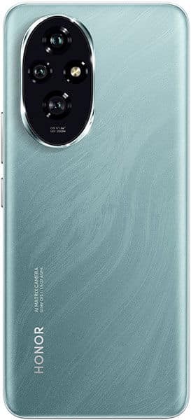Rear view of light blue Honor 200 with vertical quad-camera and flash on top left, Honor logo at lower left.