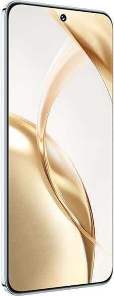 Honor 200 front view showing slim profile, large edge-to-edge display, gold/beige abstract wallpaper, and centered punch-hole camera.