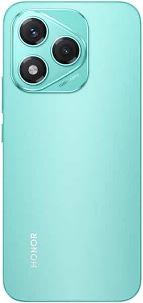Honor 400 Lite rear view, turquoise, showing triple camera setup and "HONOR" branding on back