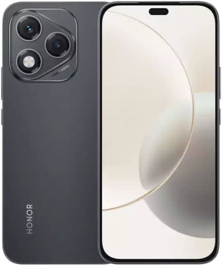 Honor 400 Lite front view, dark gray smartphone with triple rear camera setup and notched display showing abstract curved wallpaper