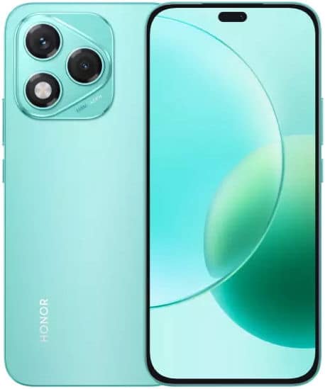 Honor 400 Lite front view showing turquoise phone with triple rear camera and gradient blue-green display