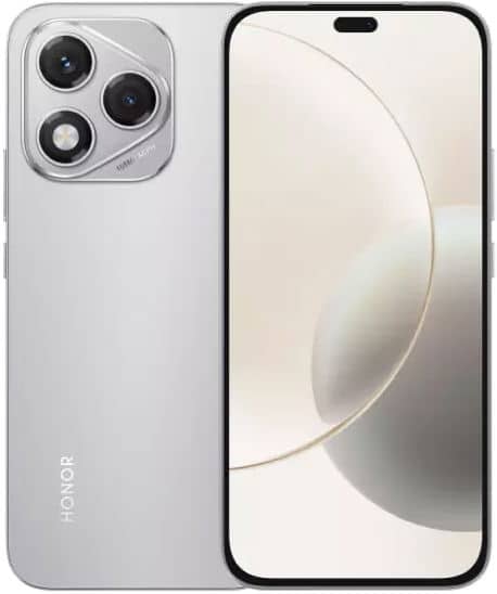 Honor 400 Lite front view, silver, showing triple rear camera setup and beige display with abstract curved design