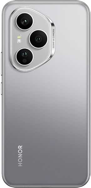 Honor 400 Pro rear view, silver gradient finish with triple camera array and Honor branding on lower left edge