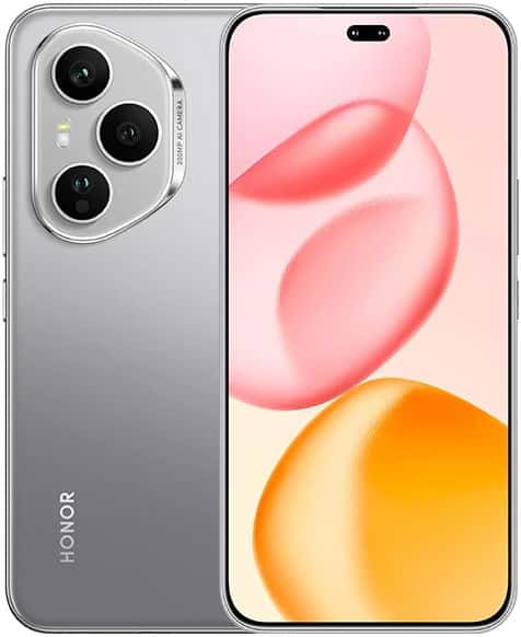 Honor 400 Pro front view, silver, showing triple rear camera system and display with pink and orange gradient wallpaper