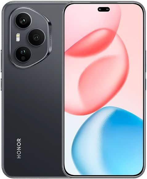 Honor 400 Pro front view, black phone with triple rear camera system and pink and blue abstract shapes on screen