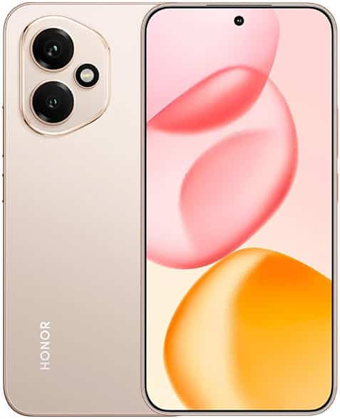 Honor 400 smartphone front and rear view, showing dual rear cameras and pink and orange gradient wallpaper on display