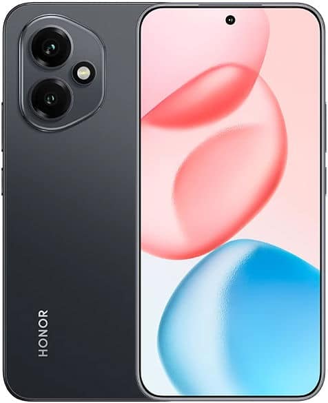 Honor 400 front view, black smartphone with dual rear camera and pink-and-blue abstract design on screen