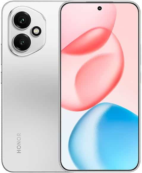 Honor 400 front and rear view, silver finish with dual rear cameras and pink-blue abstract display wallpaper