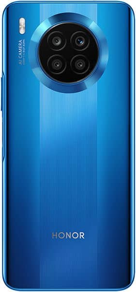 Honor 50 Lite rear view, showing blue gradient back panel with quad camera module and HONOR branding