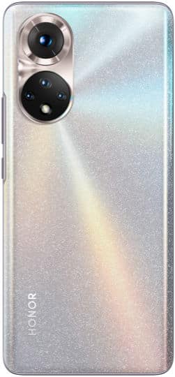 Honor 50 rear view, silver with iridescent gradient finish and dual camera module