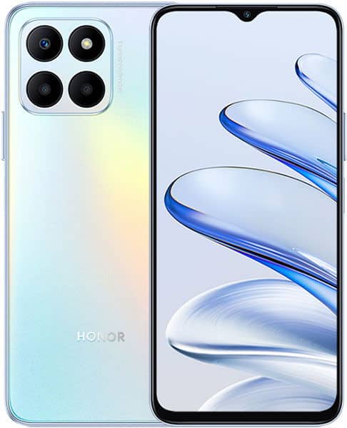 Honor 70 Lite rear (white, four square cameras) shown beside front view with blue abstract wallpaper.