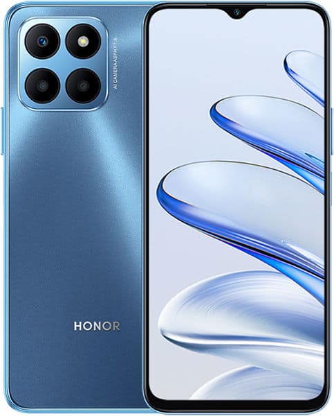 Honor 70 Lite in blue shown front and rear; front with abstract screen, rear with four square-arranged camera lenses.