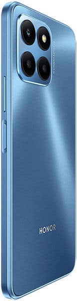 Rear angled view of blue Honor 70 Lite showing quad rear cameras in top left and Honor logo at the lower back.