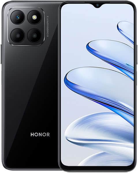 Honor 70 Lite in black shown front and rear: quad rear cameras with LED flash; front display has blue abstract wallpaper.