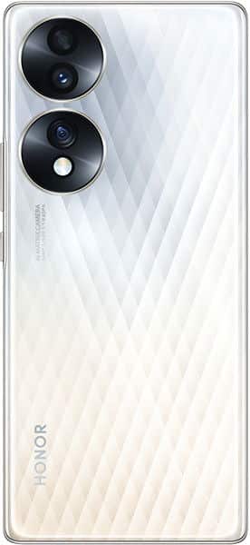 Honor 70 rear view, white with diagonal stripe pattern, dual camera module with circular lenses and LED flash