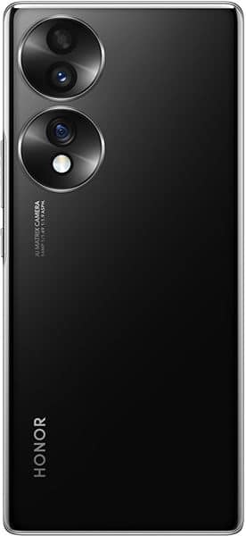 Honor 70 rear view, black finish with dual circular camera lenses and white accent ring on lower lens