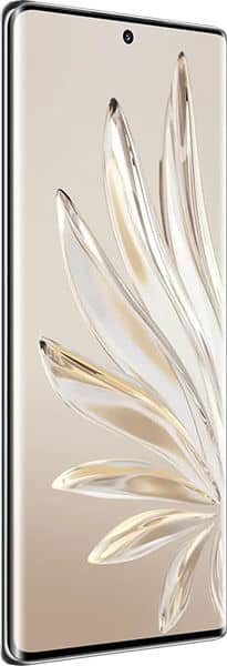 Honor 70 smartphone front view displaying beige wallpaper with abstract leaf design on screen