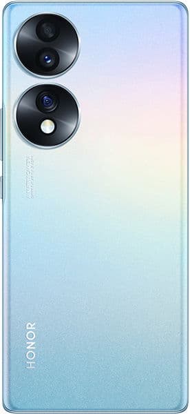 Honor 70 rear view, showing dual circular camera lenses and gradient blue-to-green finish