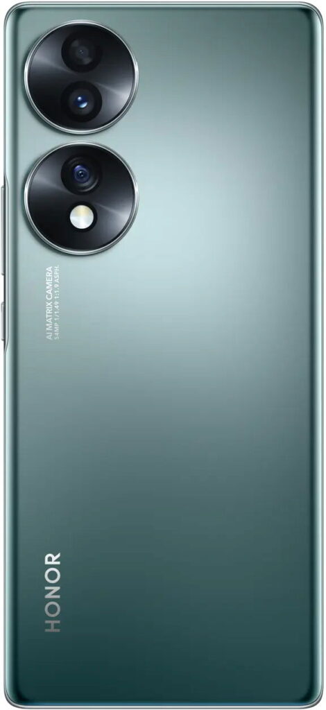 Honor 70 rear view, showing dual circular camera lenses with flash on teal gradient back