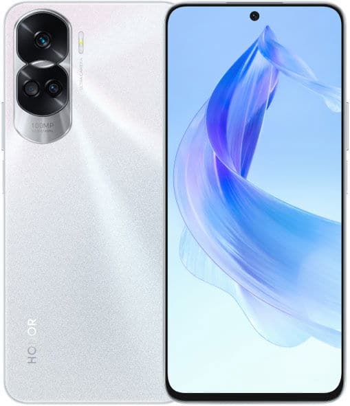 Honor 90 Lite front view, white phone with dual circular camera setup and blue abstract wallpaper on screen