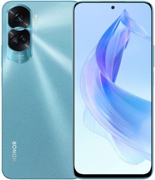 Honor 90 Lite front and back view, turquoise color, with dual camera module and blue abstract wallpaper on screen