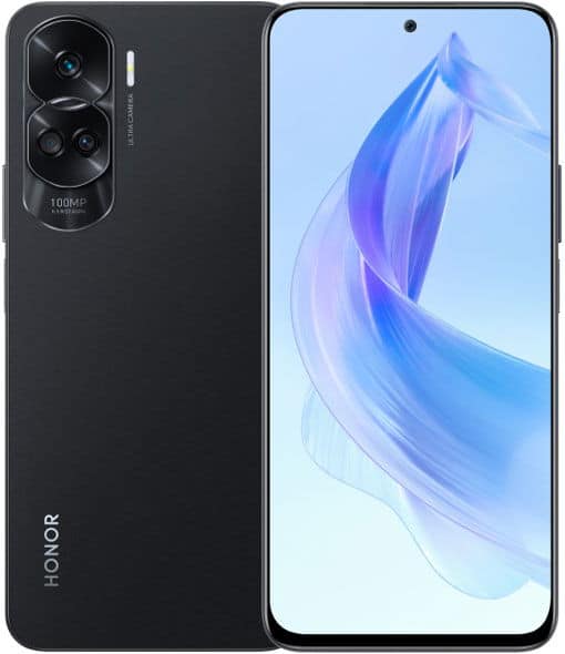 Honor 90 Lite front view, black smartphone with dual rear cameras and blue abstract wallpaper on screen