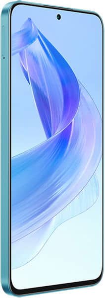 Honor 90 Lite front view displaying blue abstract wallpaper on screen, light blue device frame