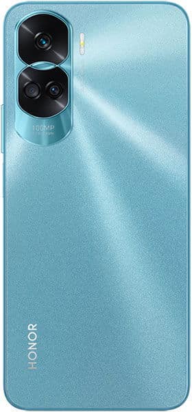 Honor 90 Lite rear view, light blue finish with dual camera module and "HONOR" branding visible on back