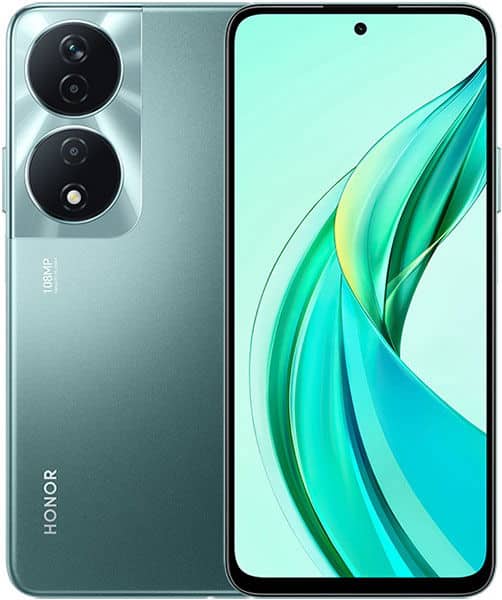 Honor 90 Smart front and rear view, showing dual circular camera lenses on green back and turquoise display with curved design wallpaper