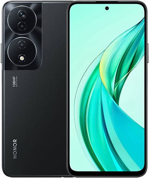 Honor 90 Smart front view showing dual camera setup on black back and turquoise abstract design on screen