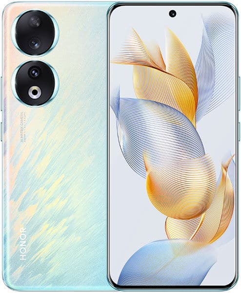 Honor 90 front and rear view, displaying dual rear cameras and screen with golden feather design wallpaper