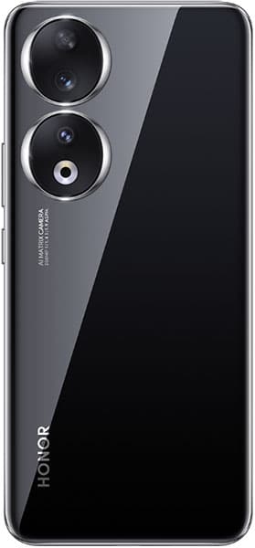 Honor 90 rear view, showing dual circular camera lenses on gray and black back panel with HONOR branding