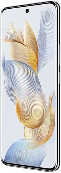 Honor 90 front view, displaying abstract golden and blue flowing shapes on screen with centered hole-punch camera cutout