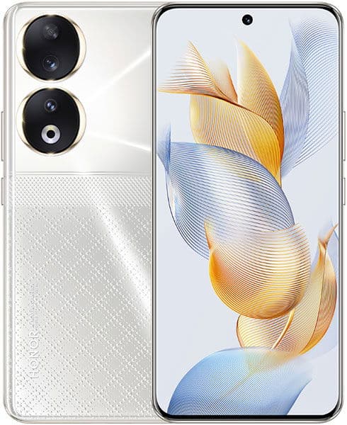 Honor 90 front view, white with dual rear camera module and display showing abstract golden and blue flowing shapes