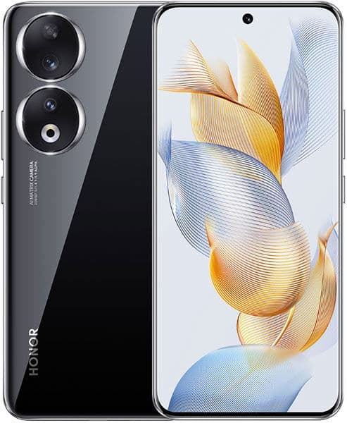 Honor 90 front view, displaying abstract gold and blue curved design on screen with dual camera setup on back