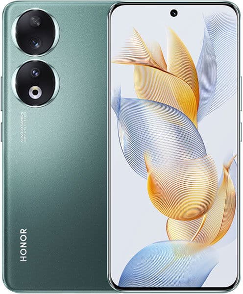 Honor 90 front and rear view, showing teal back with dual circular camera lenses and white screen displaying abstract golden and blue design
