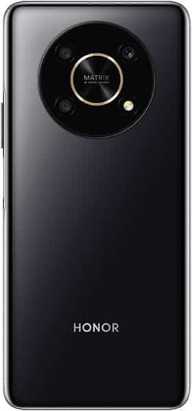 Rear view of black Honor Magic 4 Lite 5G showing circular triple camera module, flash, and "HONOR" branding at the bottom.