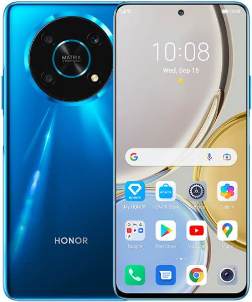 Honor Magic 4 Lite 5G in blue shown front and rear; front displays home screen at 10:08, rear shows circular camera and logo.
