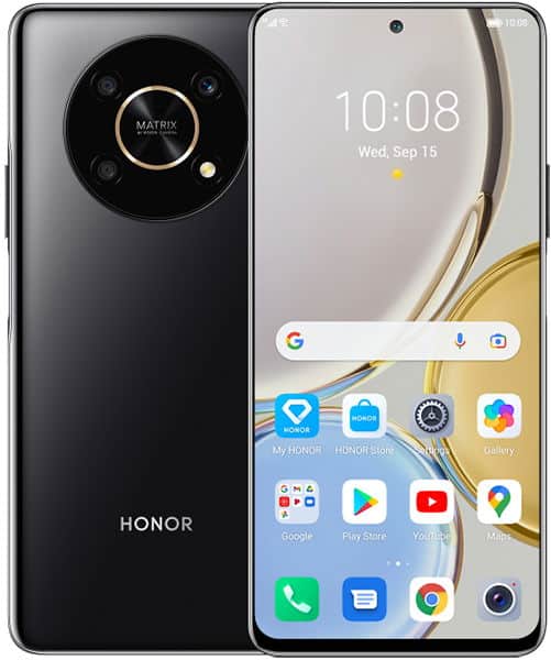 Honor Magic 4 Lite 5G in black, rear view with circular camera and front view showing home screen and digital clock at 10:08.