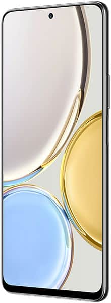 Honor Magic 4 Lite 5G front view showing large display, slim bezels, centered camera cutout, abstract circular wallpaper.
