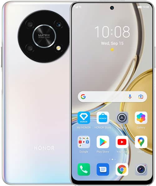 Honor Magic 4 Lite 5G in white, front view with app icons and center camera; rear shows circular camera module and HONOR logo.