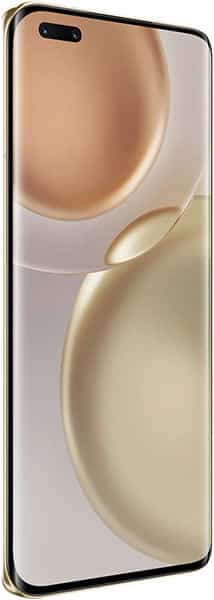 Honor Magic 4 Pro front view, showing display with curved metallic design elements and dual rear camera setup at top