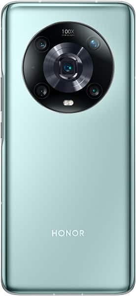 Honor Magic 4 Pro rear view showing circular camera module with multiple lenses and 100x zoom indicator on light blue back panel