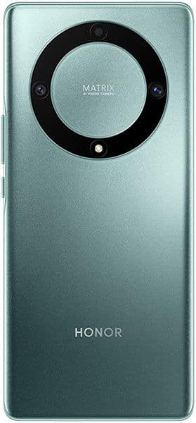Rear view of green Honor Magic 5 Lite showing circular triple camera module, "MATRIX" text, and HONOR logo.