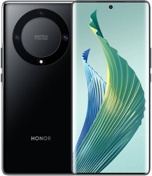 Honor Magic 5 Lite front and rear views: curved display with abstract graphics, round rear camera labeled "MATRIX AI VISION CAMERA.