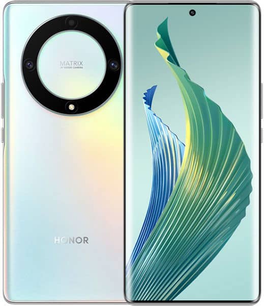Honor Magic 5 Lite shown rear and front; pearl finish, round camera, HONOR logo, abstract shapes on display.
