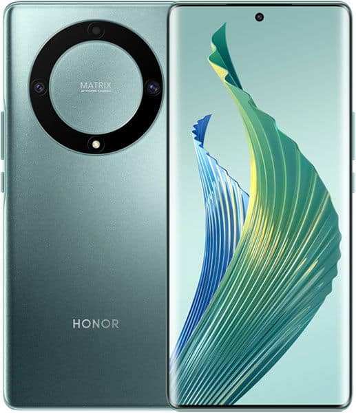 Honor Magic 5 Lite in green, rear view shows triple Matrix camera; front view displays abstract colorful wave on screen.