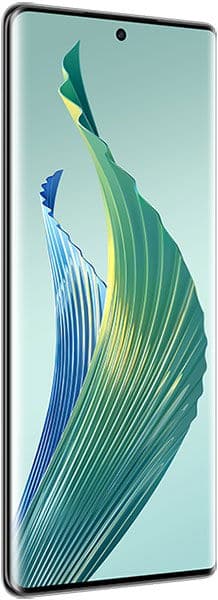 Honor Magic 5 Lite front view with edge-to-edge display, thin bezels, centered hole-punch selfie camera, abstract green-blue design.